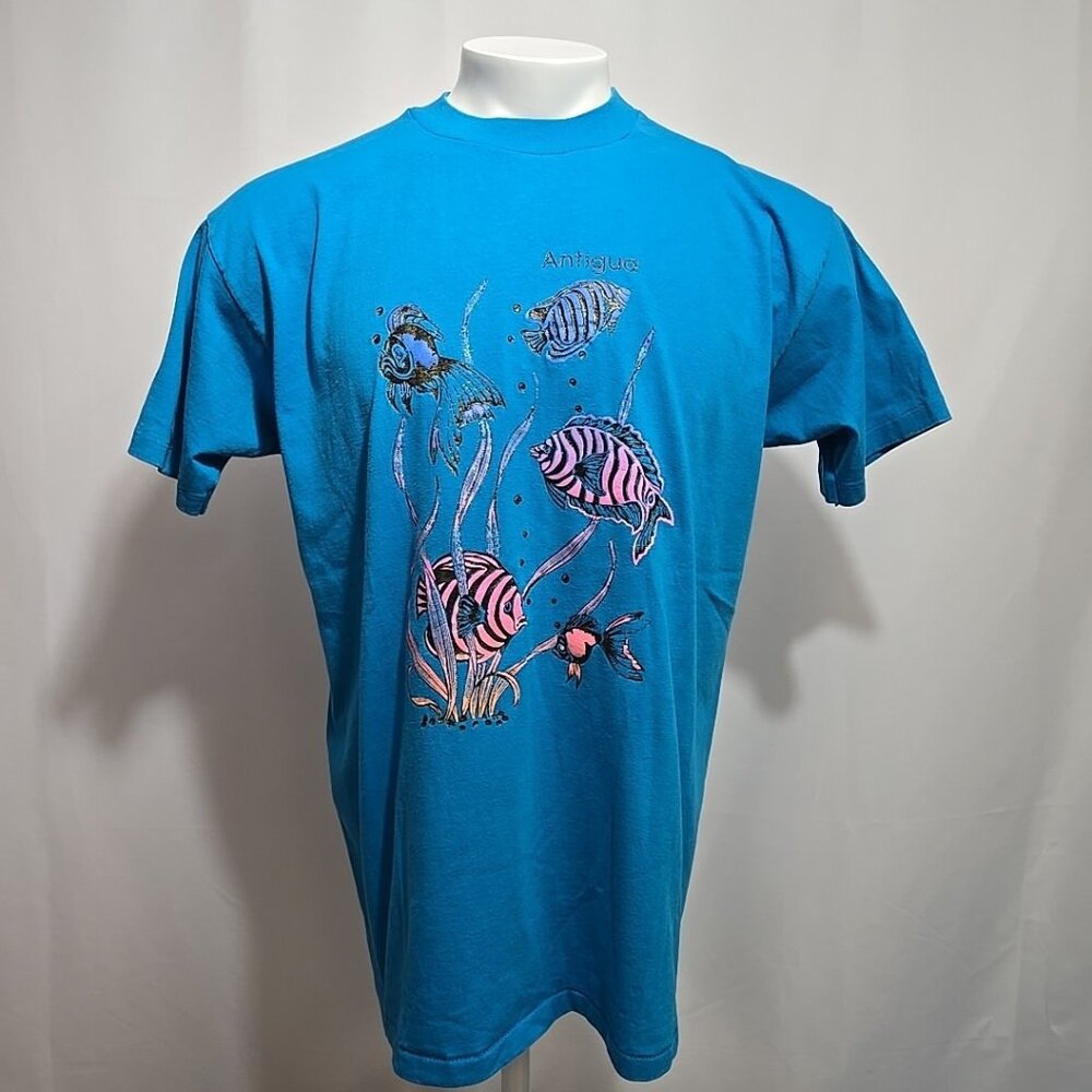 Vintage Antigua Single Stitch Tee Shirt Adult Size XL Blue Fish Coral USA Made